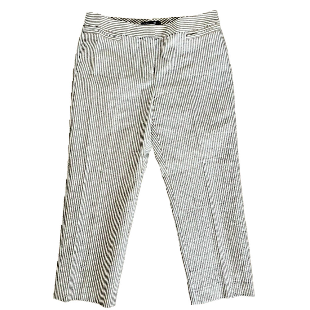 New Lafayette 148 Cotton Linen Textured Neutral Stripe Cropped Dress Pants 10